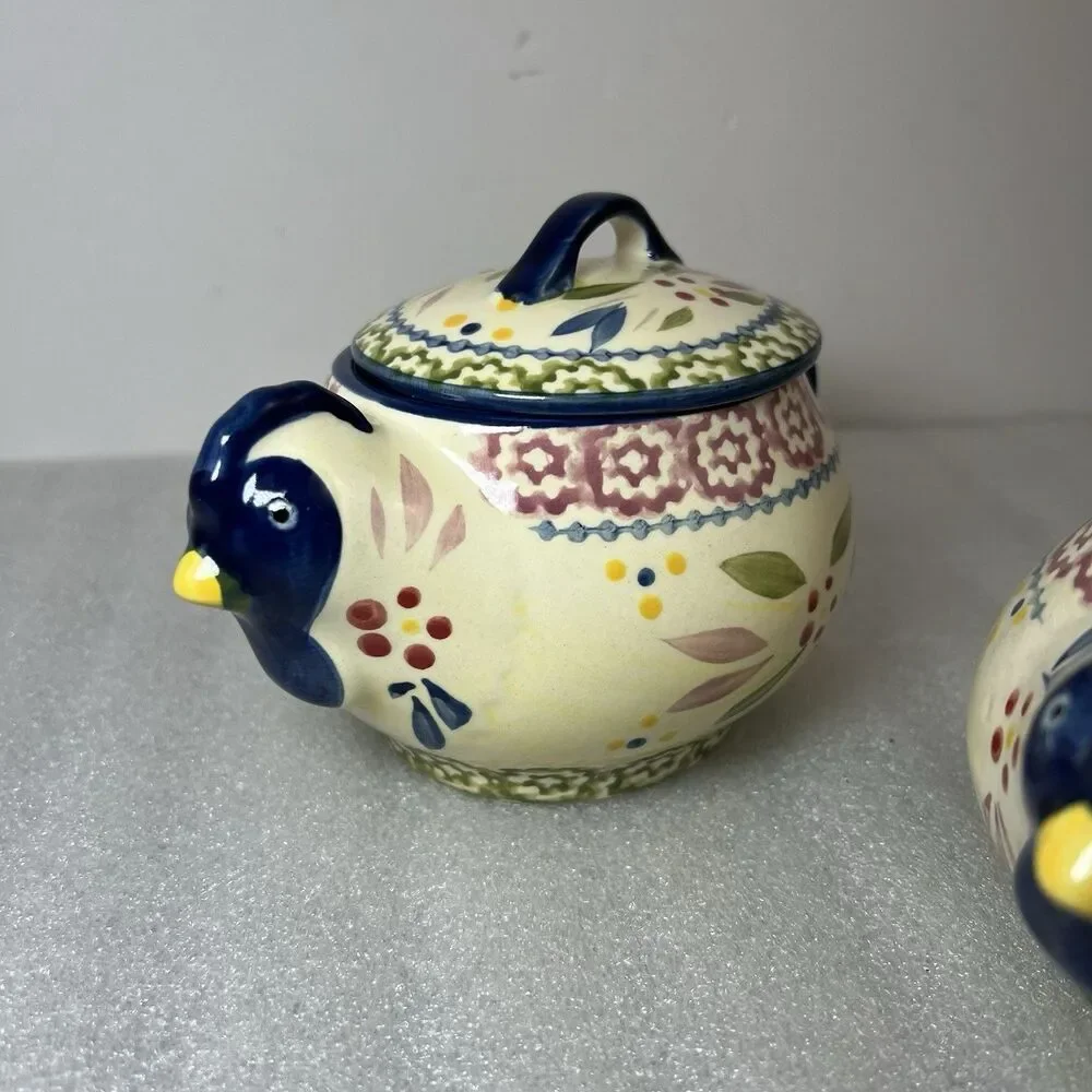 2 Temp-tations Presentable Ovenware Tara Blue Old World CHICKEN Sugar/Soup Bowl